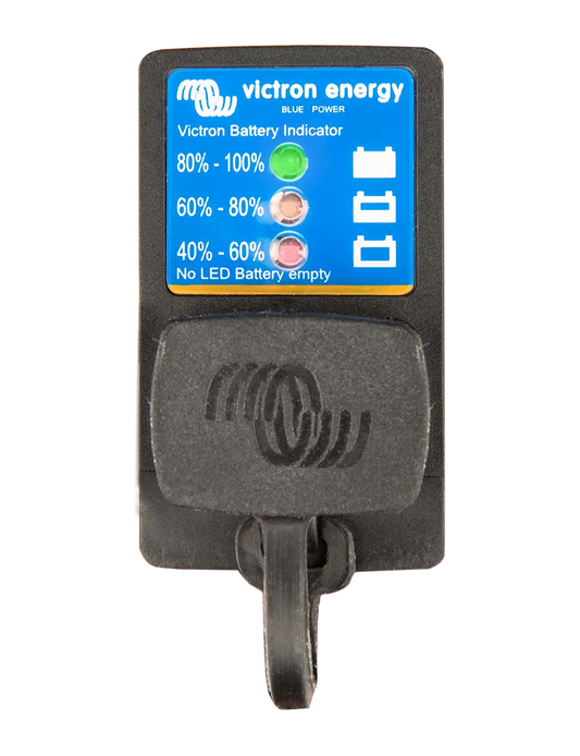 Victron Energy battery indicator with blue label on a white background