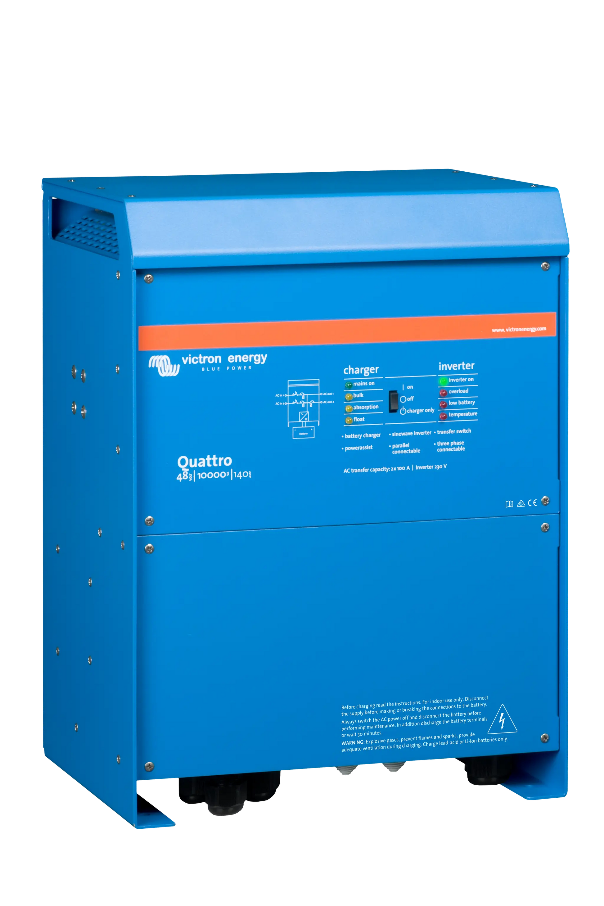 Blue Victron Energy Quattro solar power system on a white background