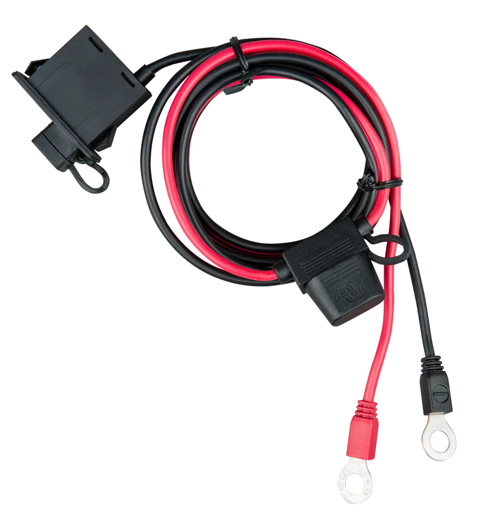 Red and black wire harness with connectors on a white background
