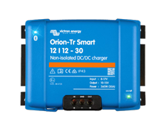 Blue Victron Orion-Tr Smart battery charger with label on a white background