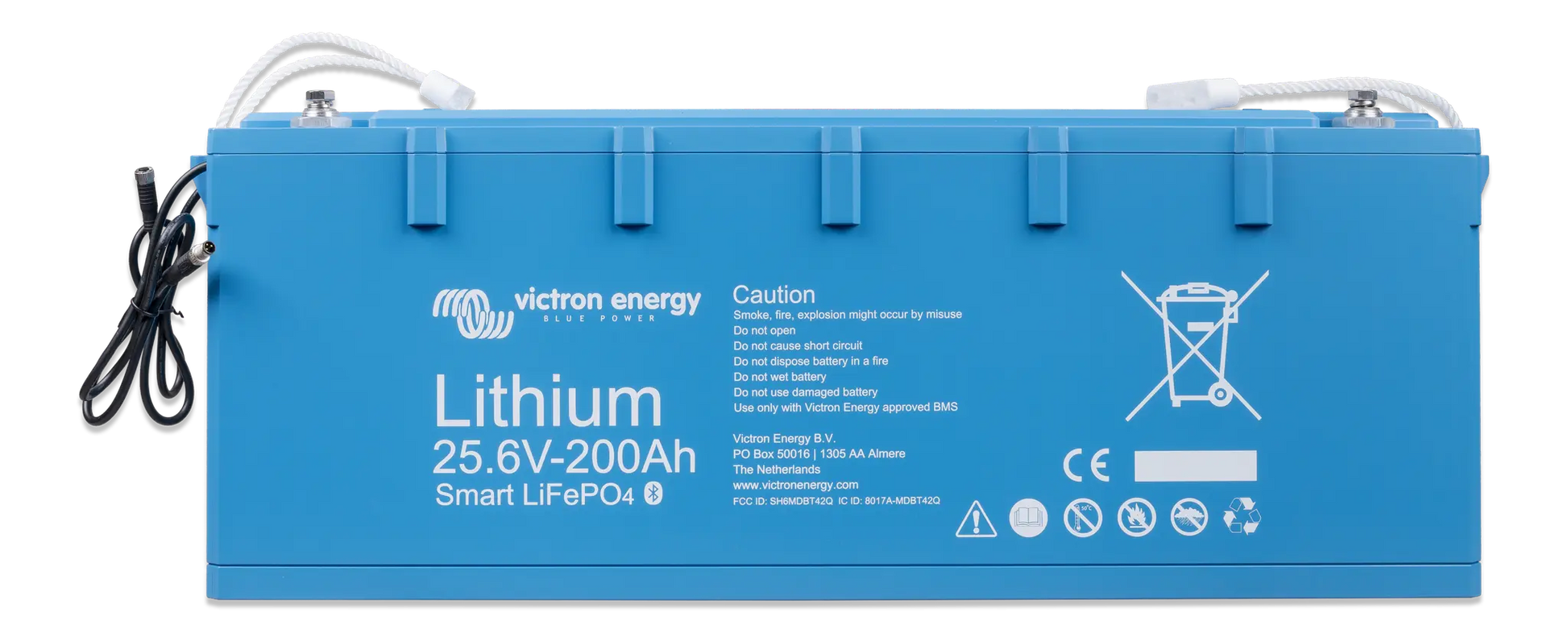 Blue lithium battery with Victron Energy branding on a white background