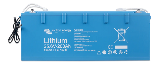Blue lithium battery with Victron Energy branding on a white background