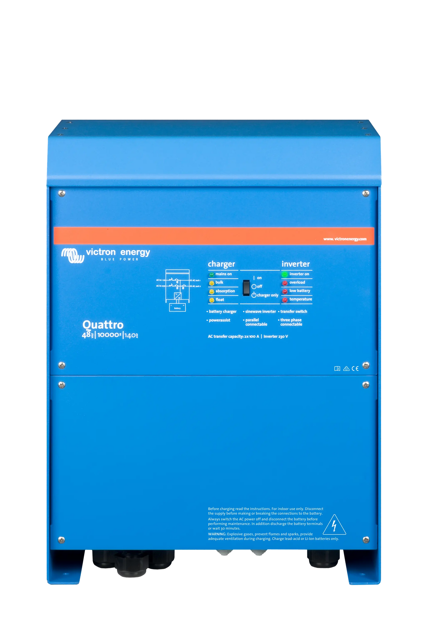 Blue Victron Energy Quattro battery charger/inverter on a white background