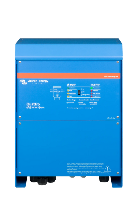 Blue Victron Energy Quattro battery charger/inverter on a white background