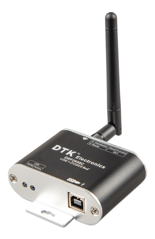 Black electronic device with antenna labeled DTK Electronics on a white background