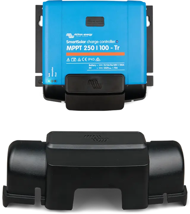 Blue solar charge controller and black battery box on a white background