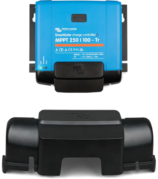 Blue solar charge controller and black battery box on a white background