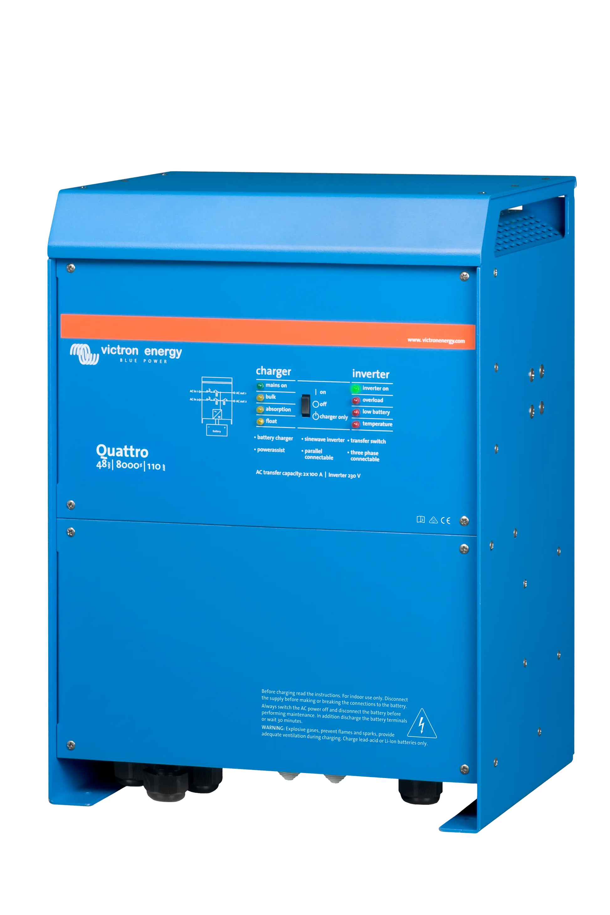 Blue Victron Energy Quattro battery charger/inverter on a white background