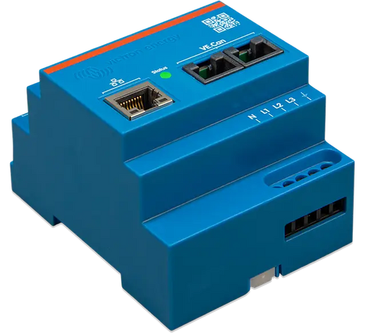 Blue electronic module with network ports on a white background