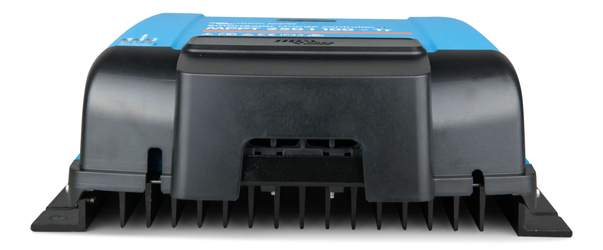 Black and blue power inverter on a white background