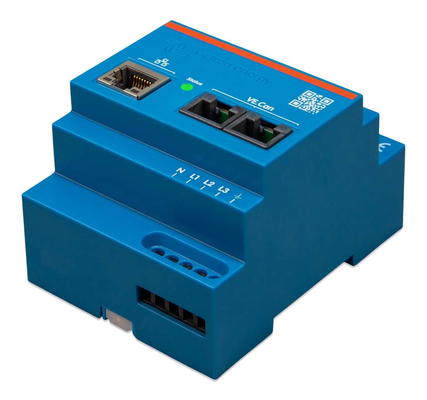 Blue electrical control panel with connectors on a white background