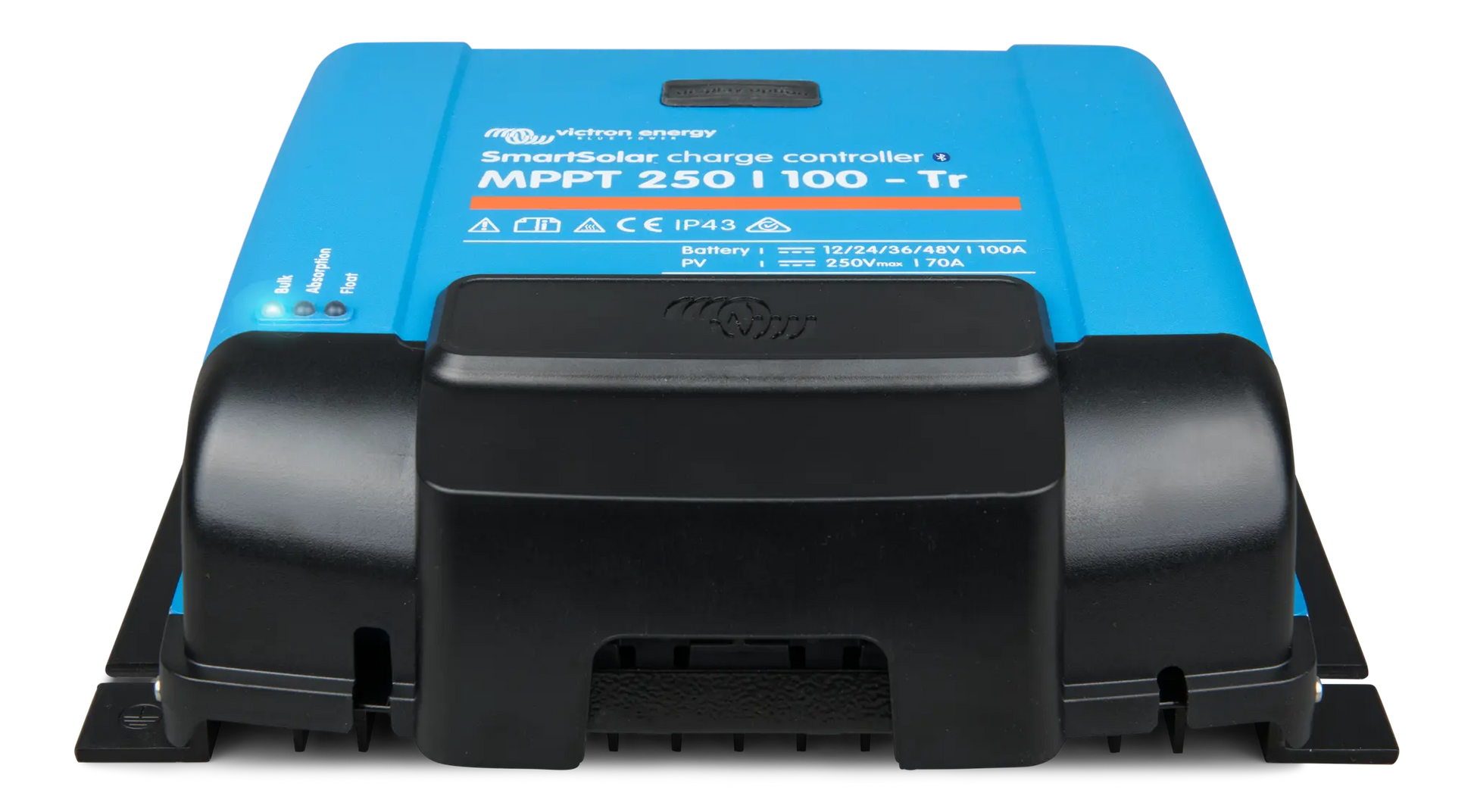 Blue and black power controller on a white background