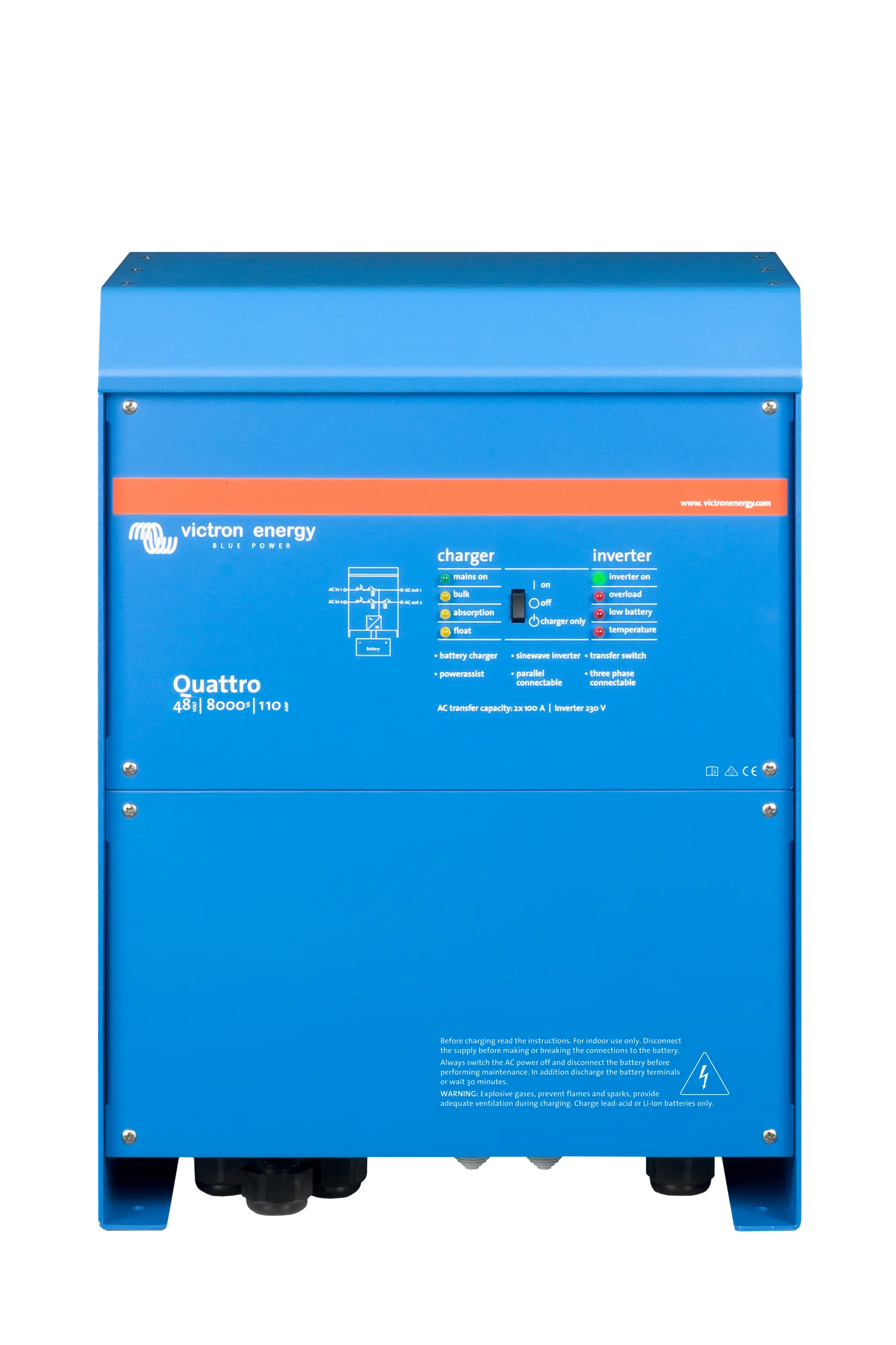 Blue Victron Energy Quattro 3000/1200-45-12 inverter on a white background