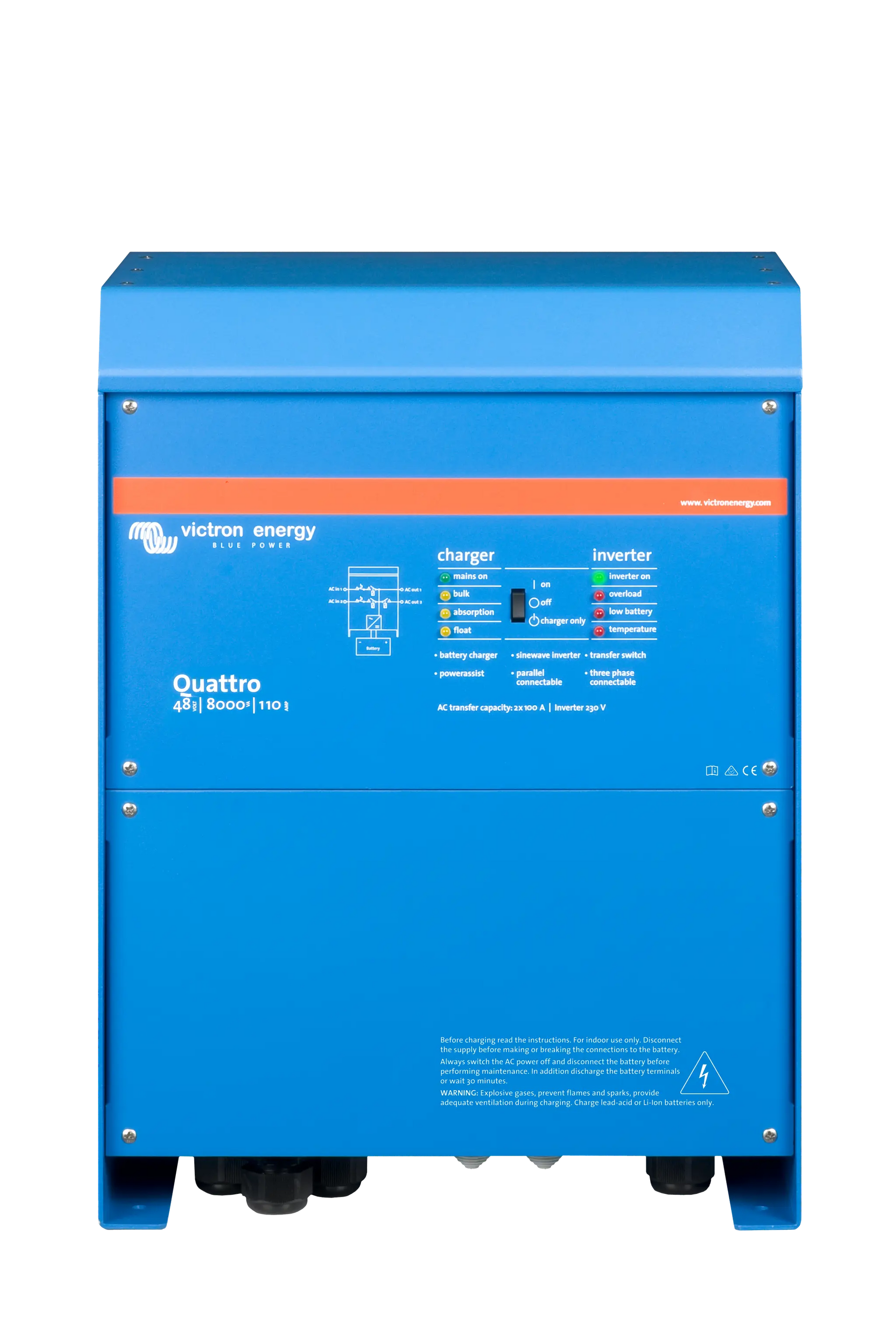 Blue Victron Energy Quattro 3000/1200-45-12 inverter on a white background