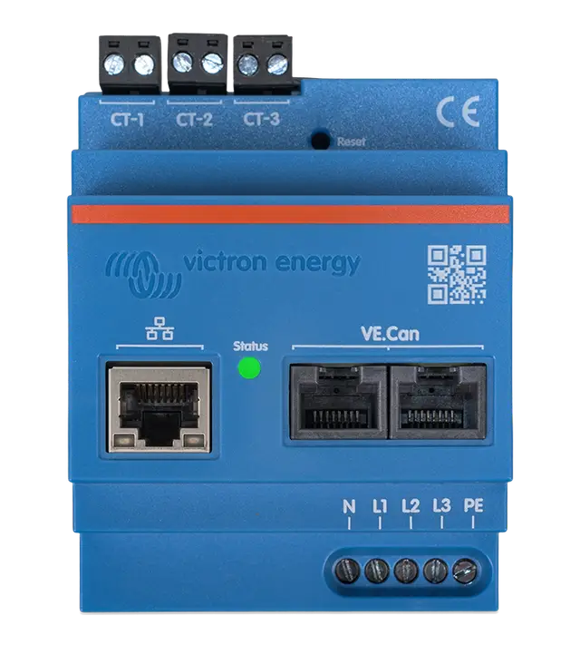 Blue Victron Energy device with connectors and indicators on a white background