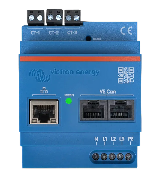 Blue Victron Energy device with connectors and indicators on a white background