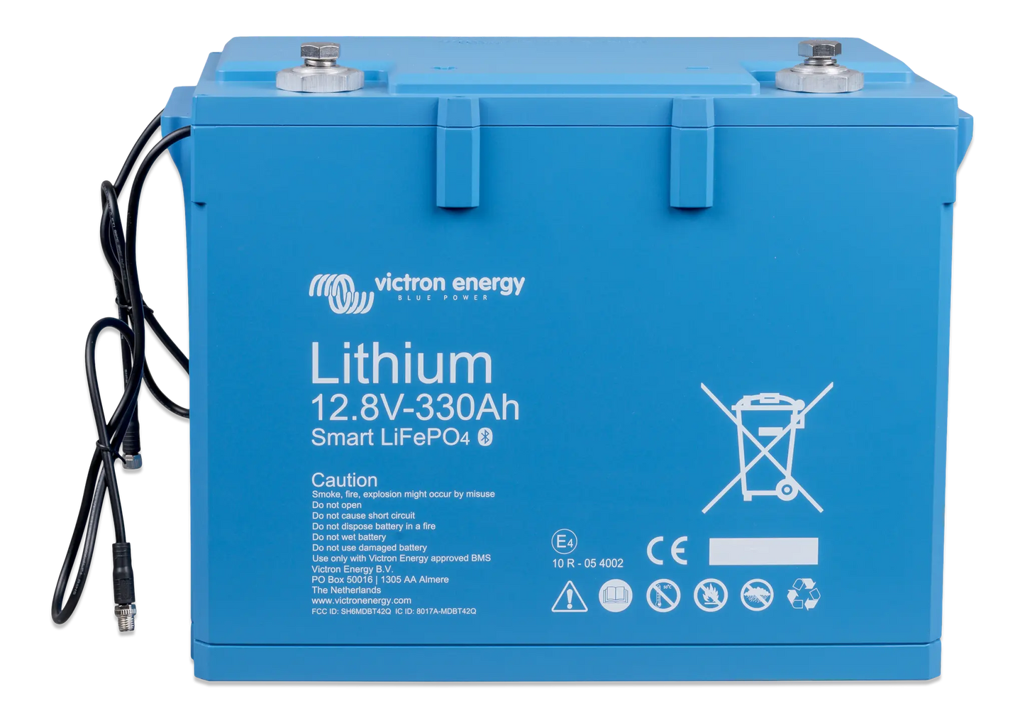 Blue Victron Energy lithium battery with text and symbols on a white background