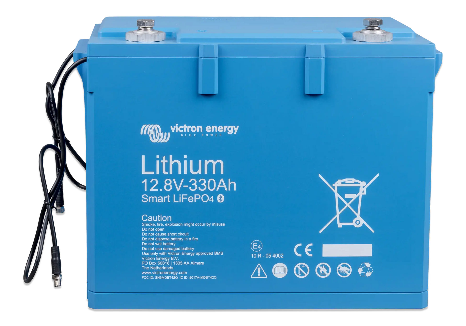 Blue Victron Energy lithium battery with text and symbols on a white background