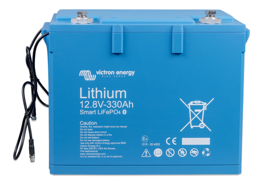 Blue Victron Energy lithium battery with text and symbols on a white background