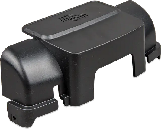 Black plastic component with a brand logo on a white background