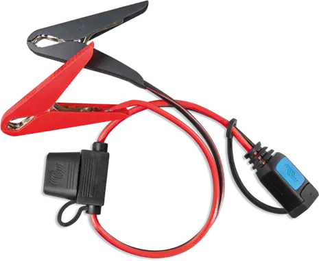 Car jump starter cable with red and black clamps on a white background