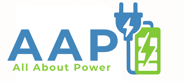 Logo of All About Power with blue plug and green battery icon on a white background