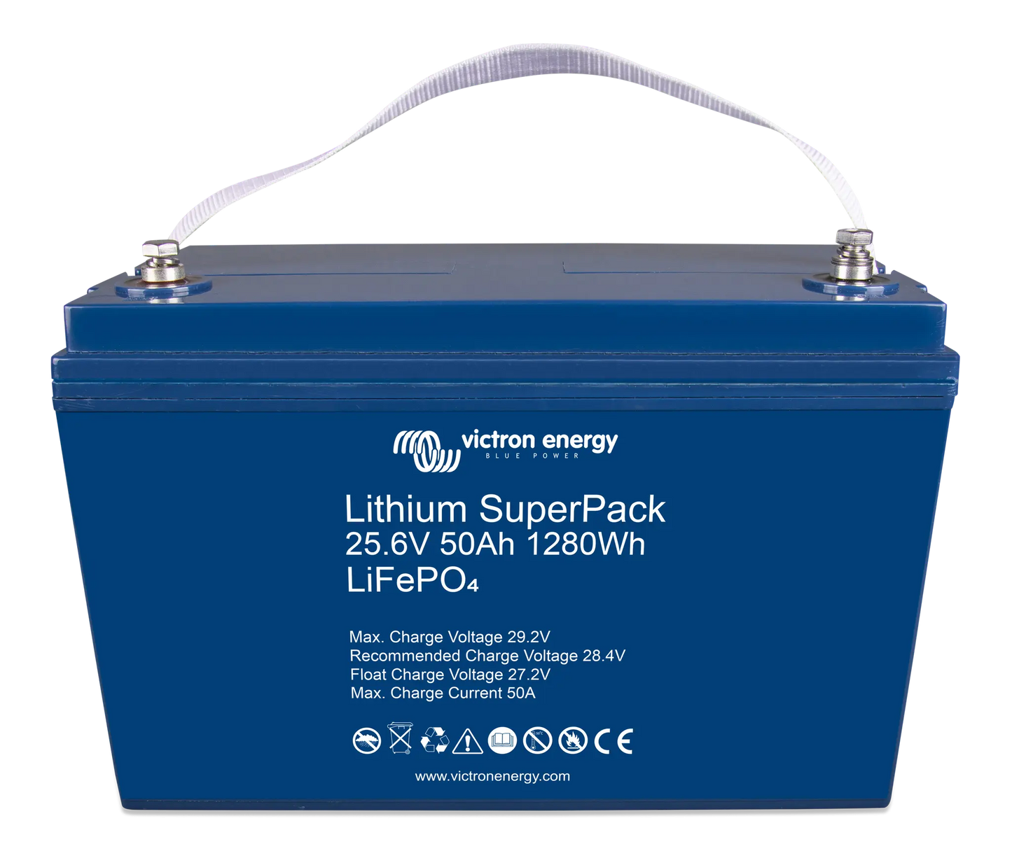 Blue lithium superpack battery with Victron Energy branding on a white background