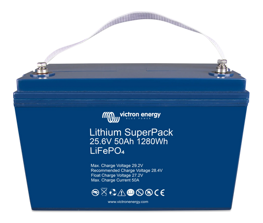 Blue lithium superpack battery with Victron Energy branding on a white background