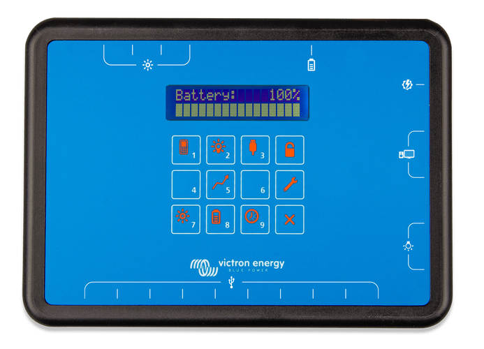 Control panel with digital display and icons on a blue background, featuring the Victron Energy logo.