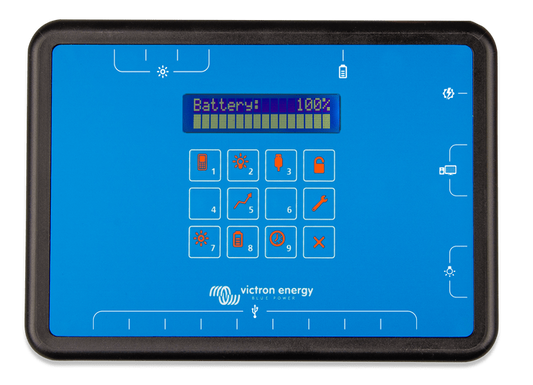 Control panel with digital display and icons on a blue background, featuring the Victron Energy logo.